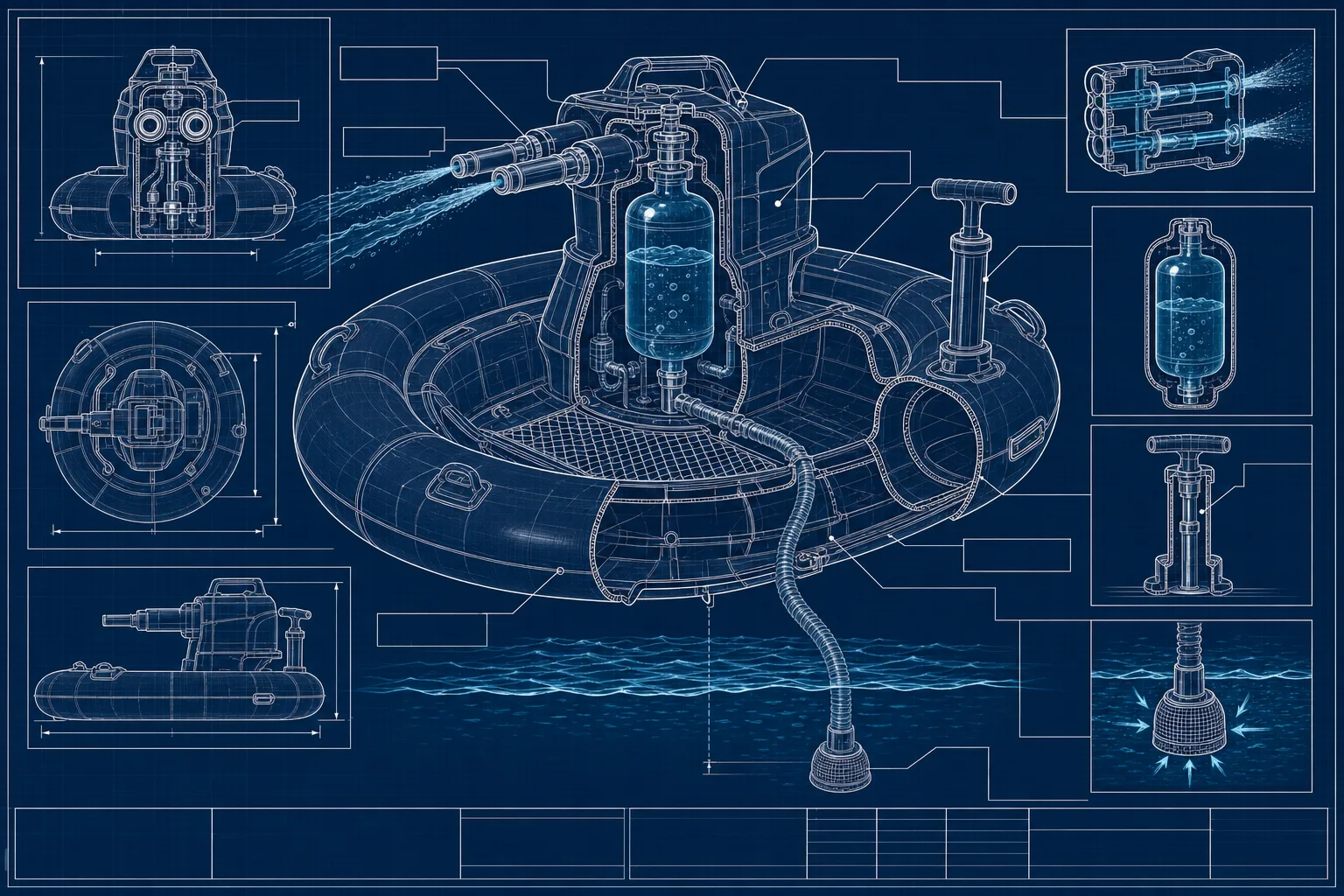 Engineering blueprint cutaway of the SPLASHCANNON hull, pressure chamber, cannon and hand pump