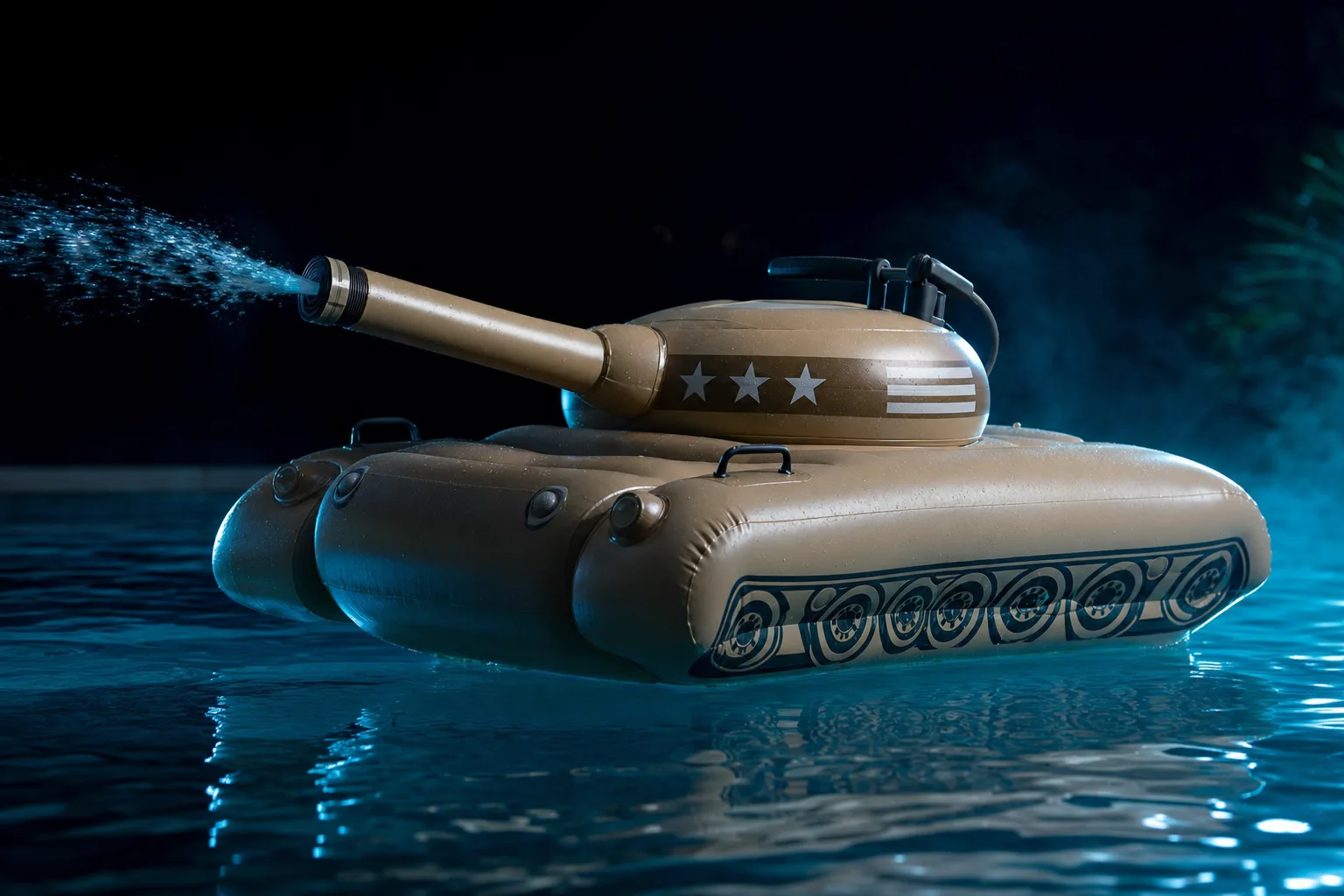 SPLASHCANNON inflatable battle tank firing its water cannon across a pool at night
